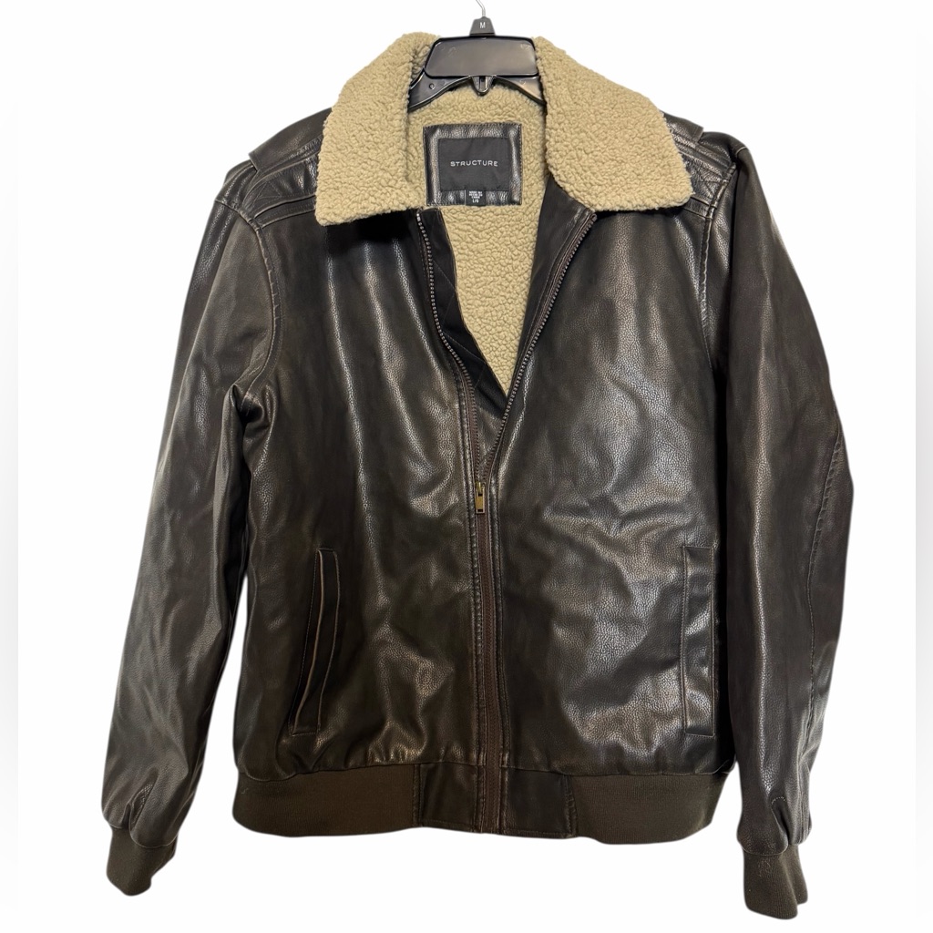Structure Men's Brown Faux Leather Jacket With Sherpa Collar